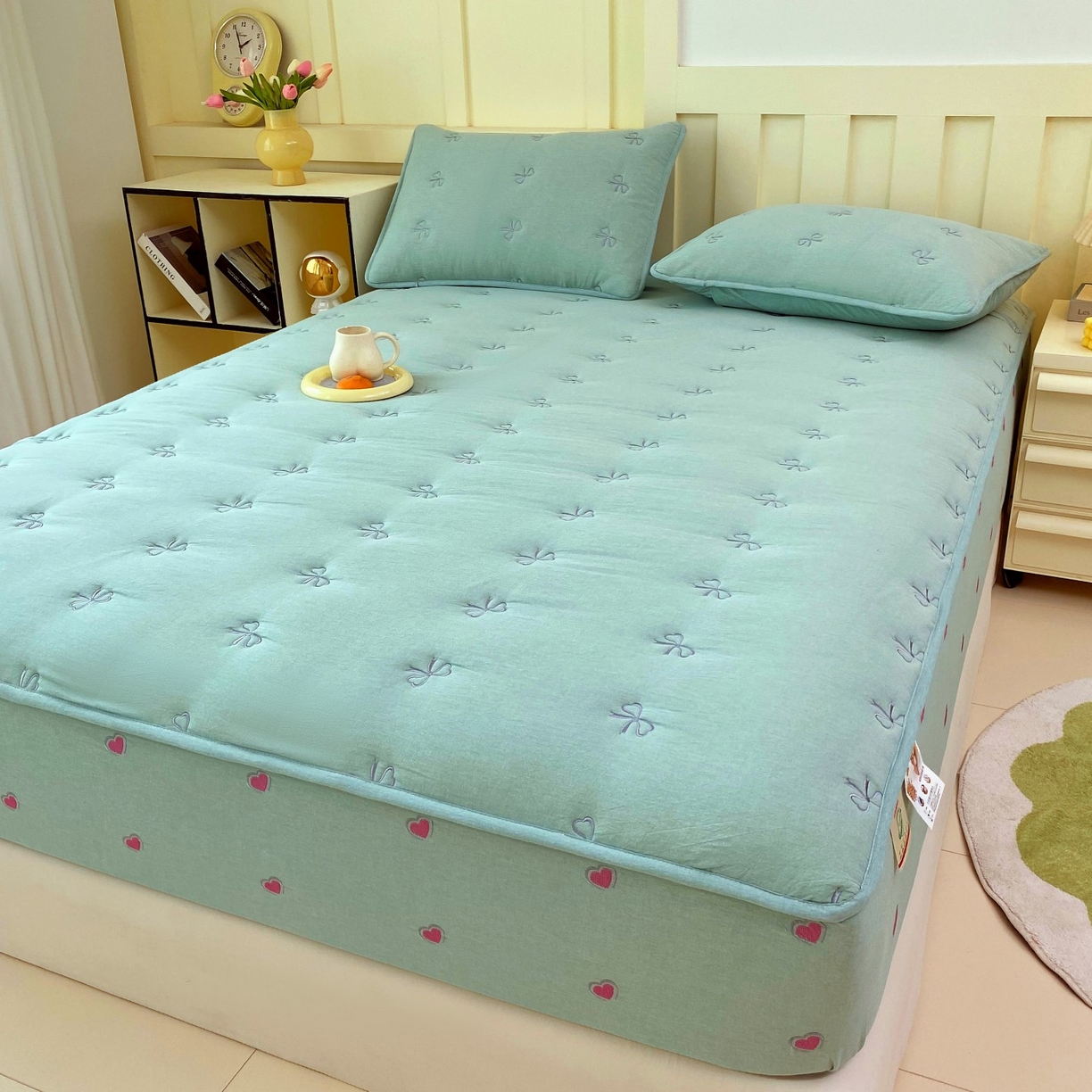 91家纺网 家纺一手货源 找家纺 尊康家纺（原磊科） 2025新款7A抗菌全棉色织水洗棉大豆棉填充床笠-同心结 同心结-翠绿