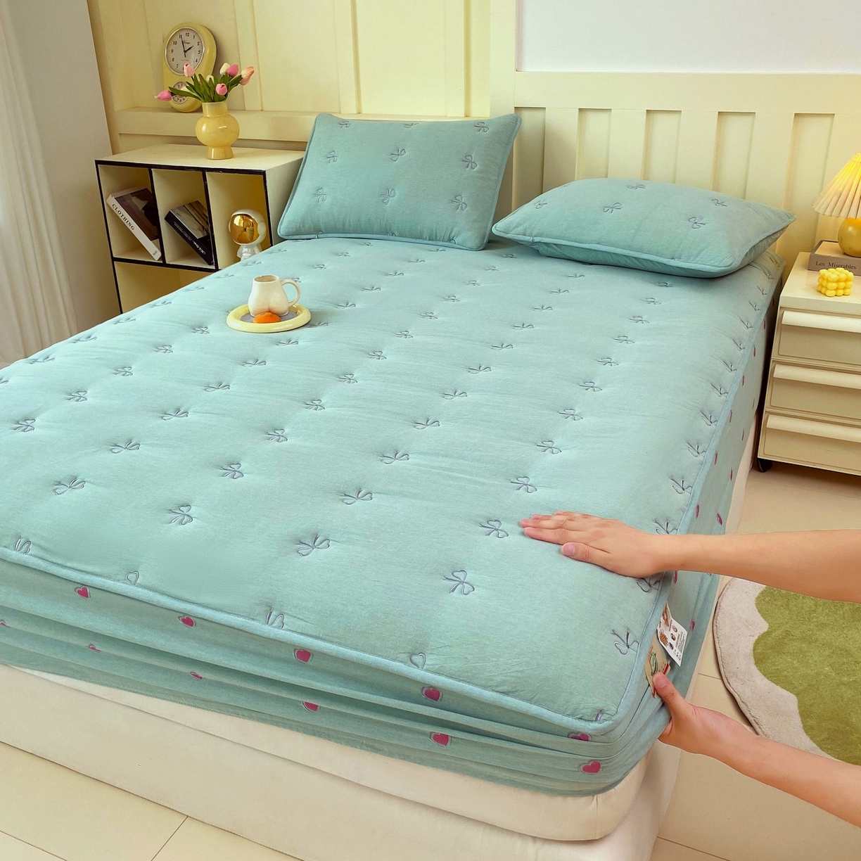 尊康家纺（原磊科） 2025新款7A抗菌全棉色织水洗棉大豆棉填充床笠-同心结 同心结-翠绿