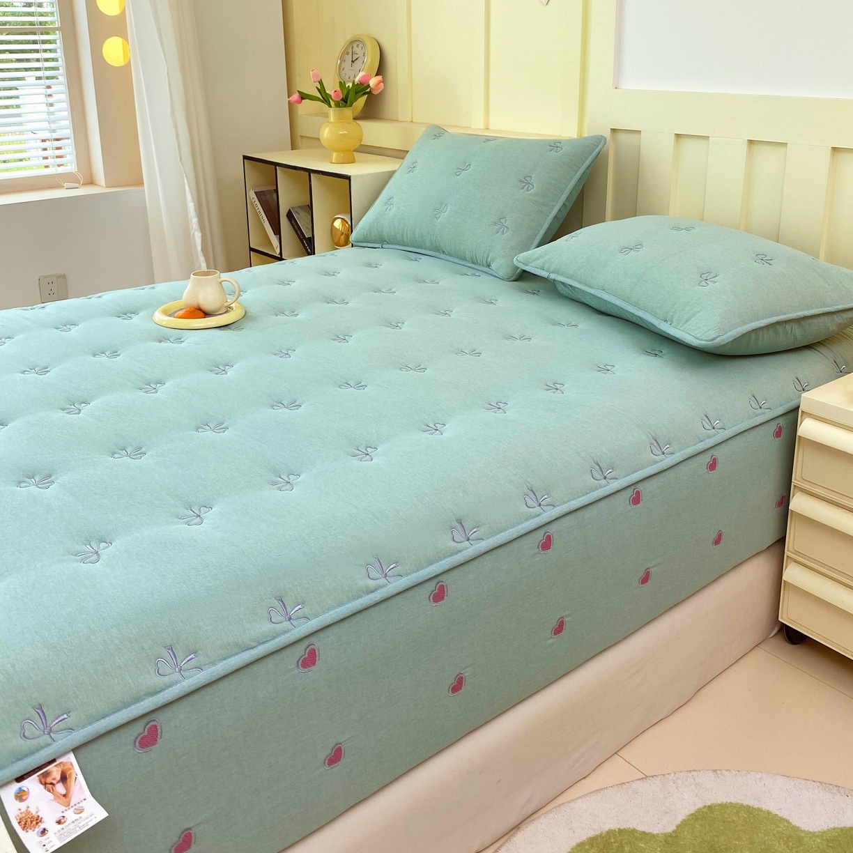 91家纺网 家纺一手货源 找家纺 尊康家纺（原磊科） 2025新款7A抗菌全棉色织水洗棉大豆棉填充床笠-同心结 同心结-翠绿