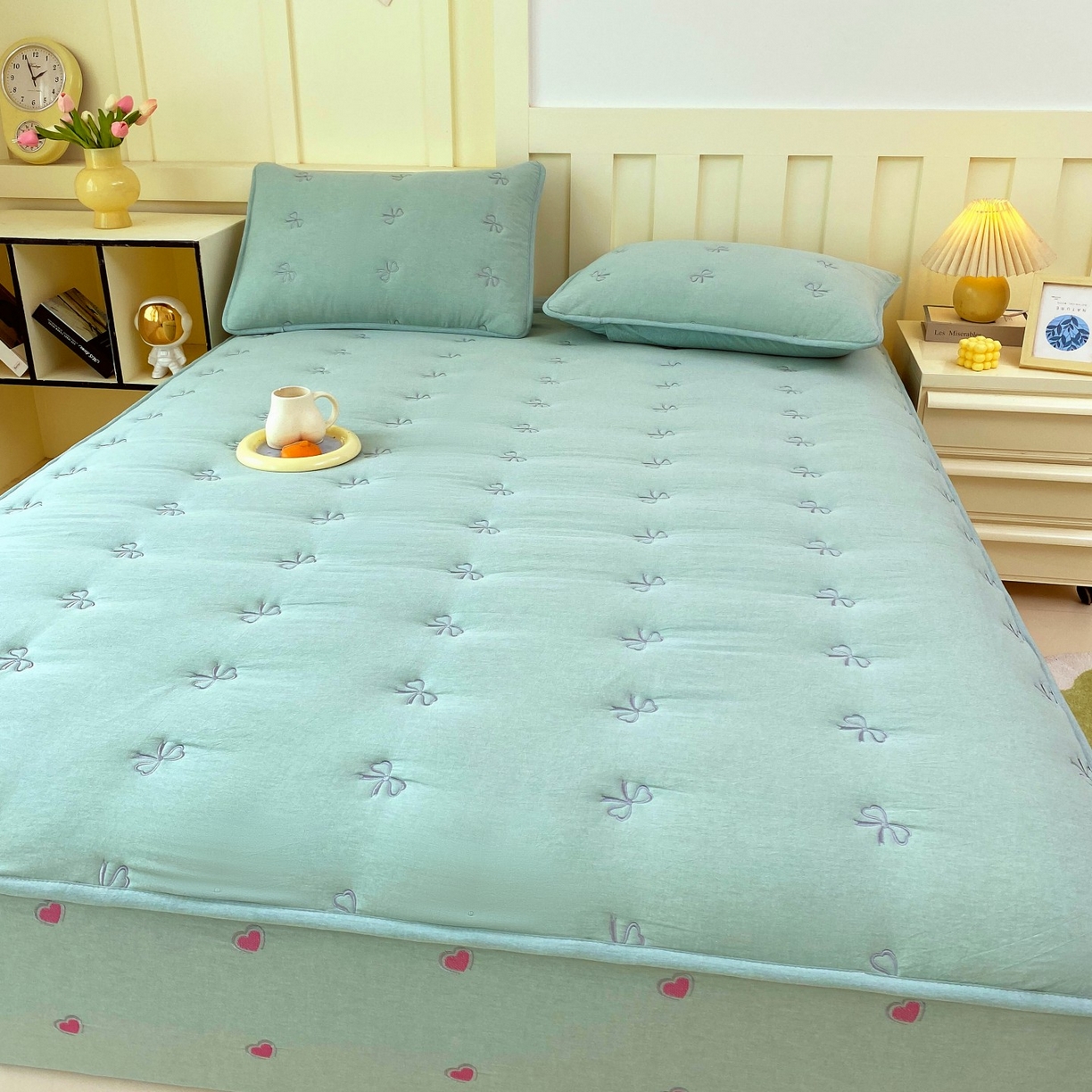 91家纺网 家纺一手货源 找家纺 尊康家纺（原磊科） 2025新款7A抗菌全棉色织水洗棉大豆棉填充床笠-同心结 同心结-翠绿