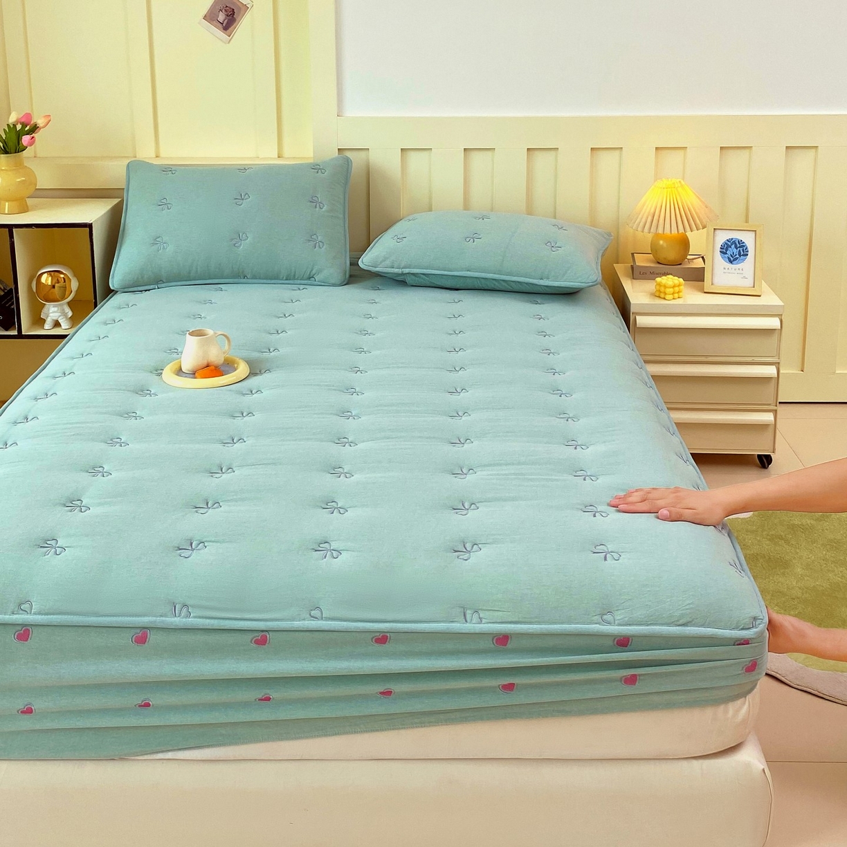 91家纺网 家纺一手货源 找家纺 尊康家纺（原磊科） 2025新款7A抗菌全棉色织水洗棉大豆棉填充床笠-同心结 同心结-翠绿