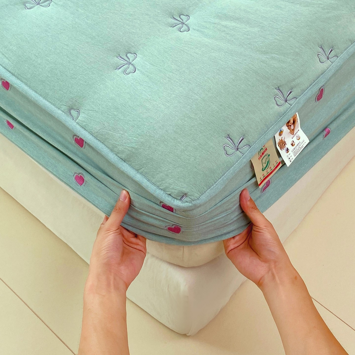 91家纺网 家纺一手货源 找家纺 尊康家纺（原磊科） 2025新款7A抗菌全棉色织水洗棉大豆棉填充床笠-同心结 同心结-翠绿