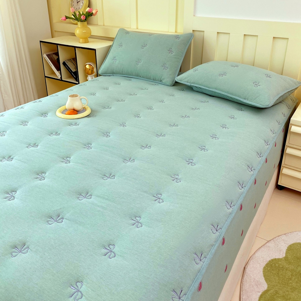 91家纺网 家纺一手货源 找家纺 尊康家纺（原磊科） 2025新款7A抗菌全棉色织水洗棉大豆棉填充床笠-同心结 同心结-翠绿