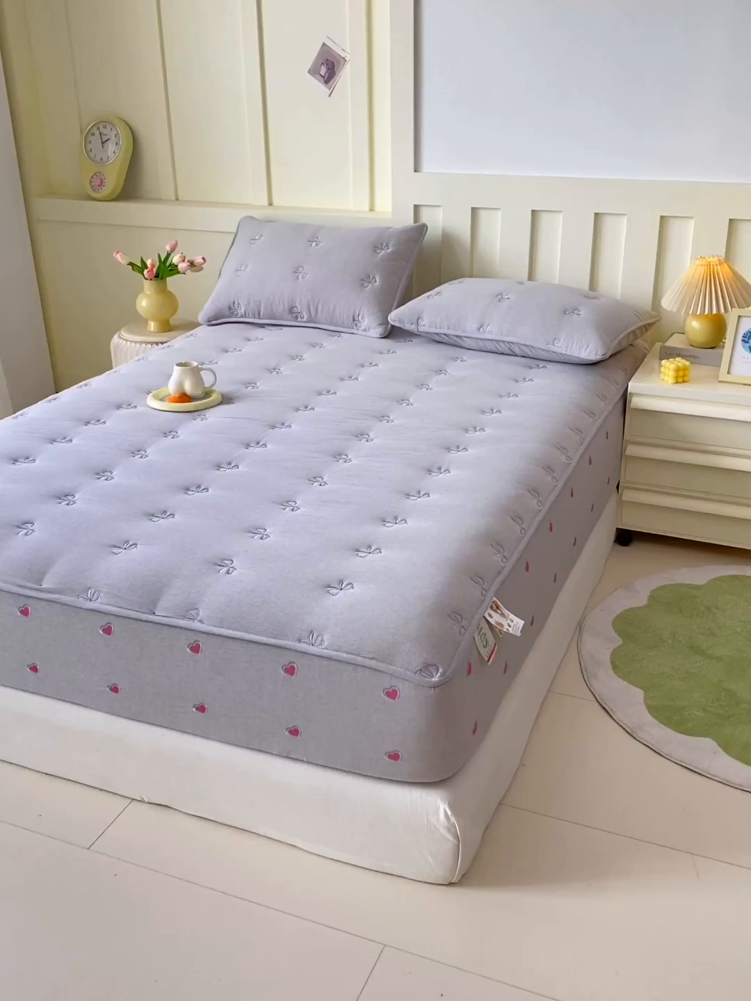 91家纺网 家纺一手货源 找家纺 尊康家纺（原磊科） 2025新款7A抗菌全棉色织水洗棉大豆棉填充床笠-同心结 同心结-绅士灰