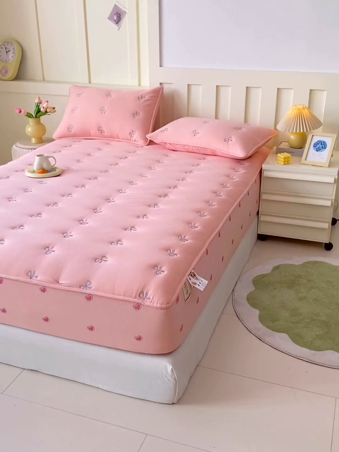 91家纺网 家纺一手货源 找家纺 尊康家纺（原磊科） 2025新款7A抗菌全棉色织水洗棉大豆棉填充床笠-同心结 同心结-粉玉