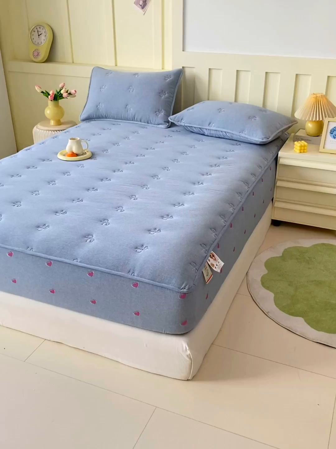 91家纺网 家纺一手货源 找家纺 尊康家纺（原磊科） 2025新款7A抗菌全棉色织水洗棉大豆棉填充床笠-同心结 同心结-蓝青年