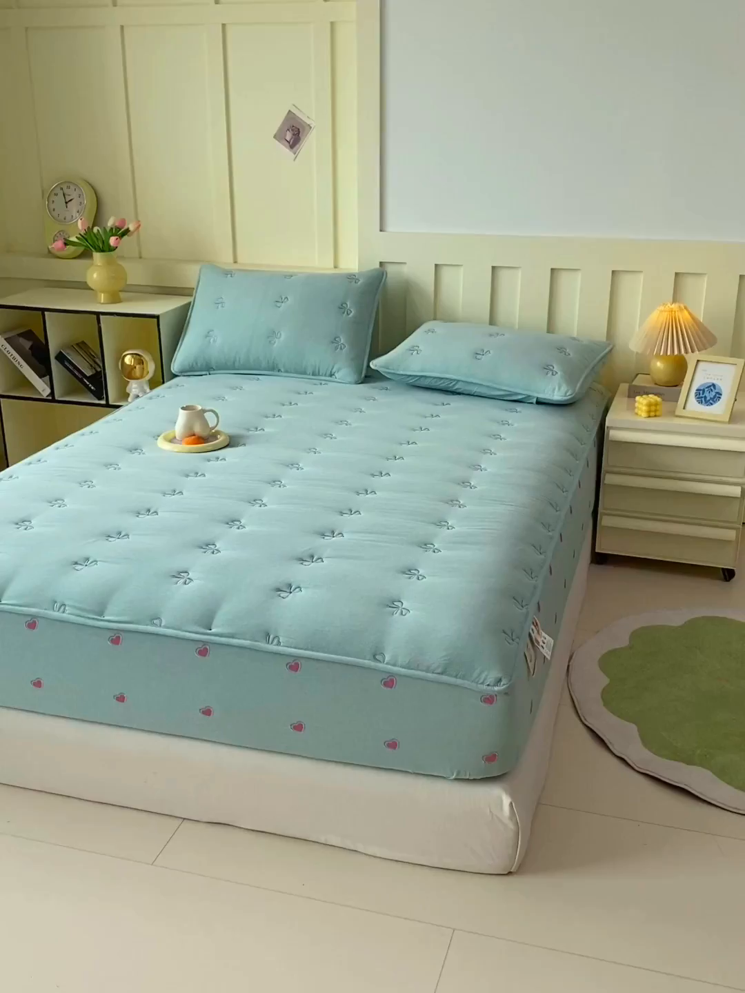 91家纺网 家纺一手货源 找家纺 尊康家纺（原磊科） 2025新款7A抗菌全棉色织水洗棉大豆棉填充床笠-同心结 同心结-翠绿