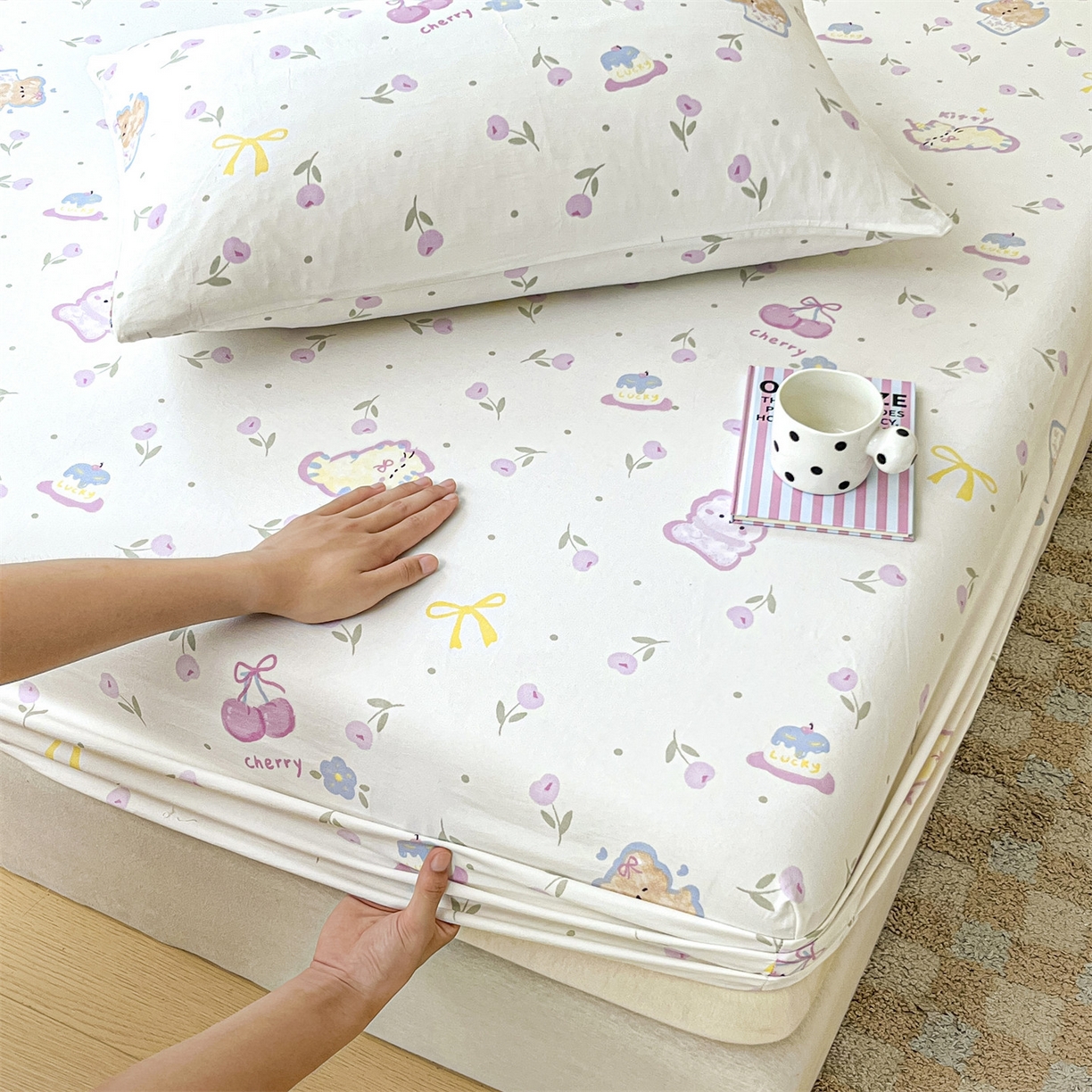 91家纺网 家纺一手货源 找家纺 盛秋家纺 2025新款A类水洗棉卡通印花床笠单品床笠单件单床笠 花满天