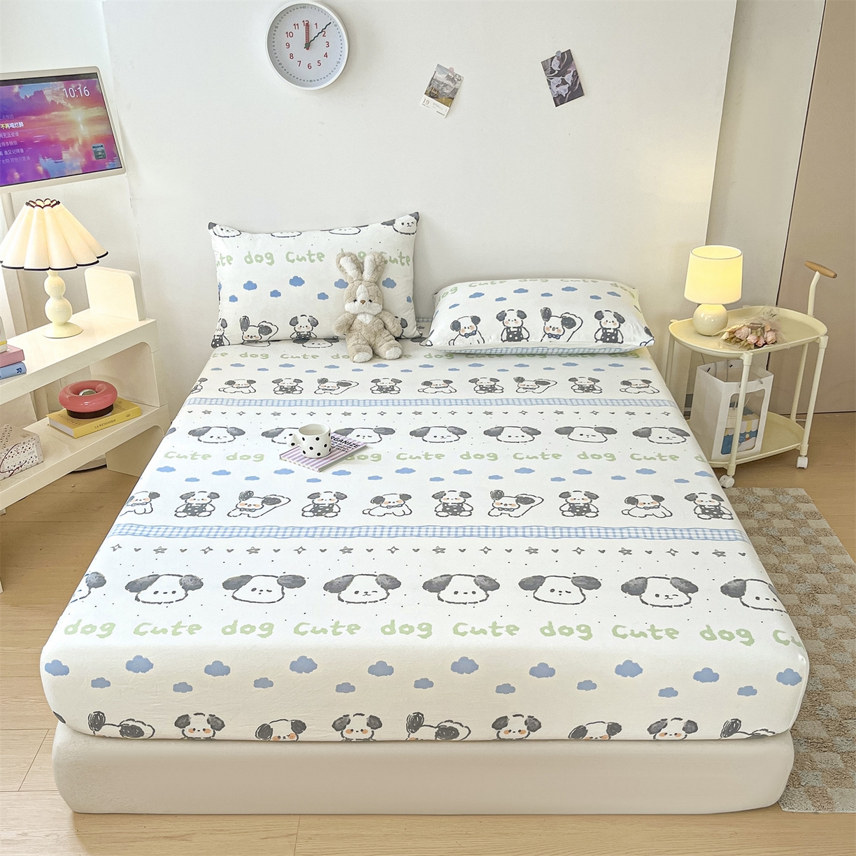 91家纺网 家纺一手货源 找家纺 盛秋家纺 2025新款A类水洗棉卡通印花床笠单品床笠单件单床笠 欢乐狗