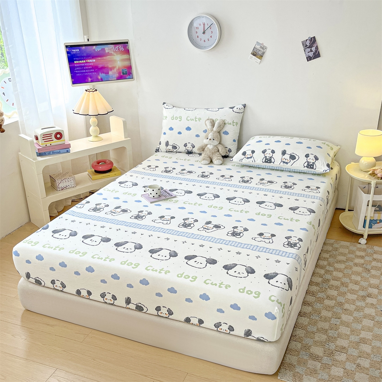 91家纺网 家纺一手货源 找家纺 盛秋家纺 2025新款A类水洗棉卡通印花床笠单品床笠单件单床笠 欢乐狗