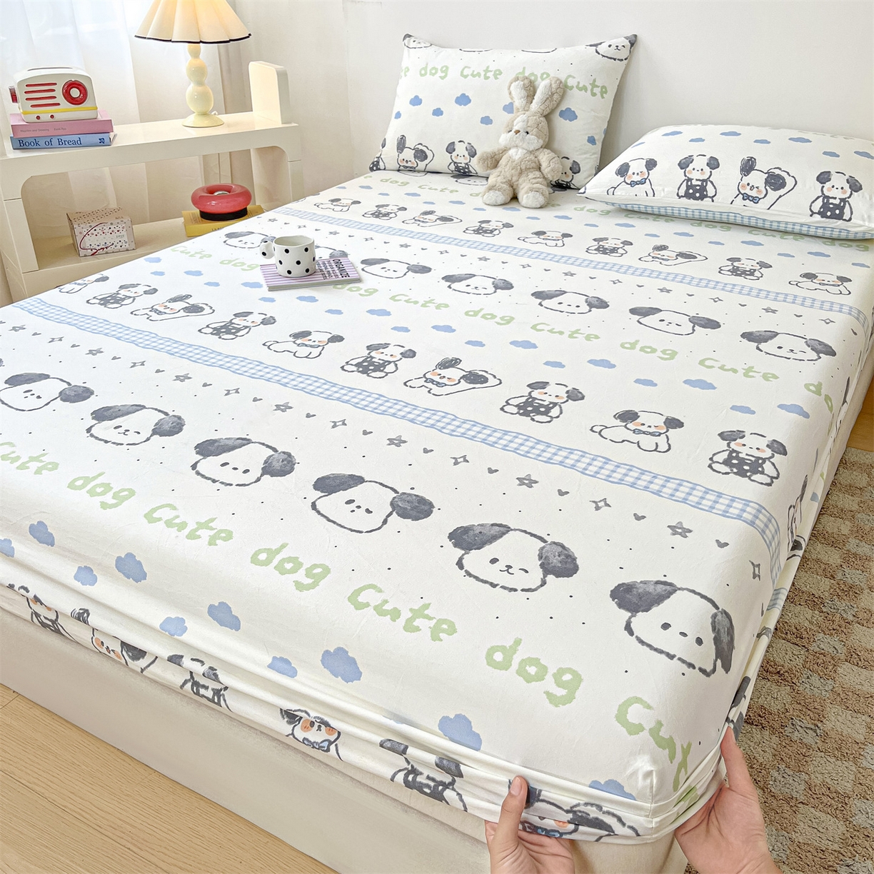 91家纺网 家纺一手货源 找家纺 盛秋家纺 2025新款A类水洗棉卡通印花床笠单品床笠单件单床笠 欢乐狗