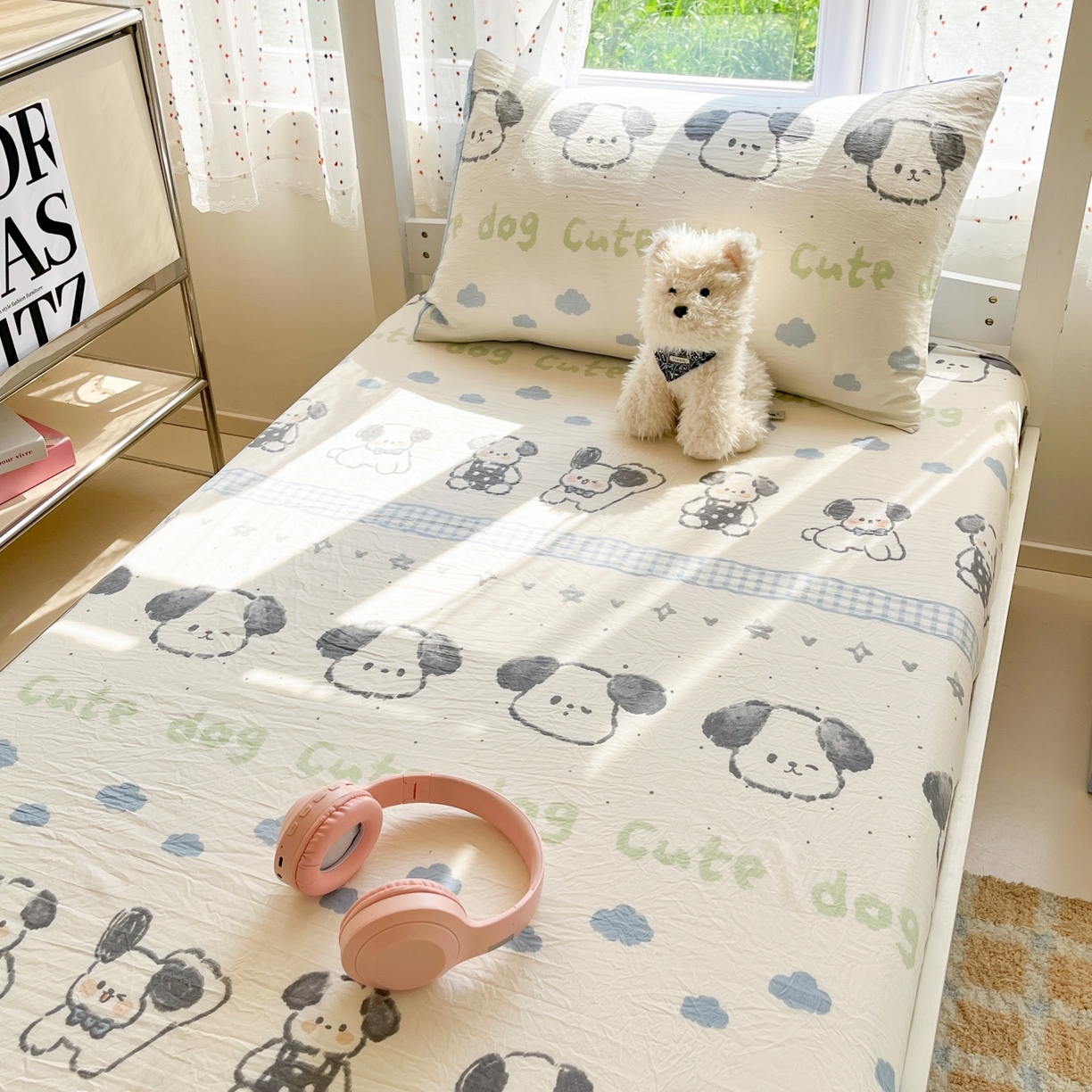 91家纺网 家纺一手货源 找家纺 盛秋家纺 2025新款A类水洗棉卡通印花床笠单品床笠单件单床笠 欢乐狗