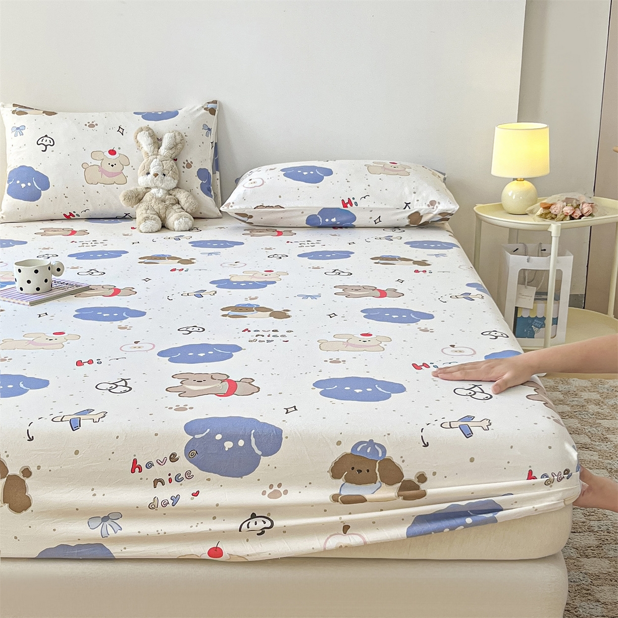 91家纺网 家纺一手货源 找家纺 盛秋家纺 2025新款A类水洗棉卡通印花床笠单品床笠单件单床笠 开心乐园