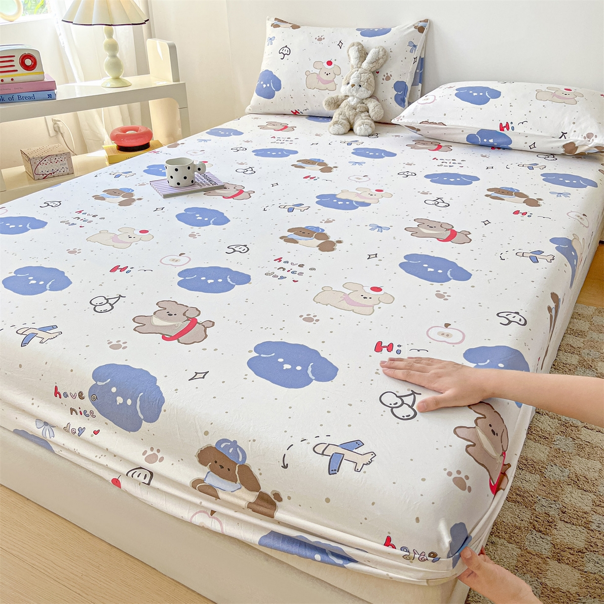 91家纺网 家纺一手货源 找家纺 盛秋家纺 2025新款A类水洗棉卡通印花床笠单品床笠单件单床笠 开心乐园