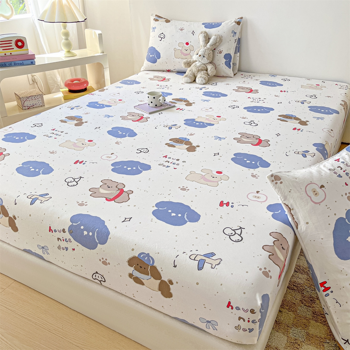 91家纺网 家纺一手货源 找家纺 盛秋家纺 2025新款A类水洗棉卡通印花床笠单品床笠单件单床笠 开心乐园