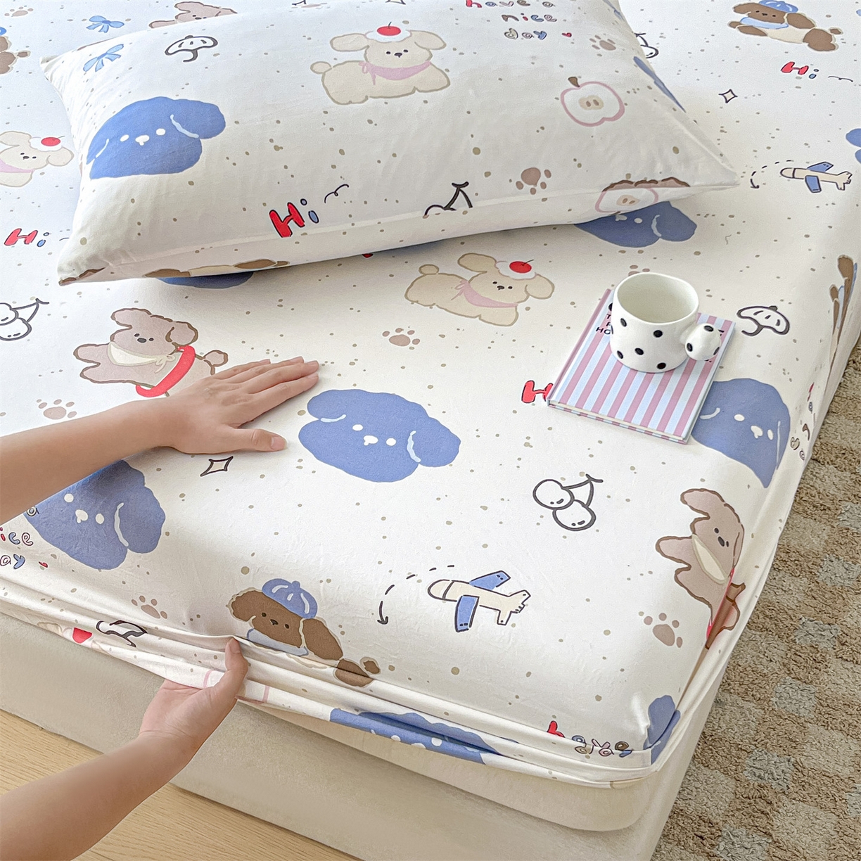 91家纺网 家纺一手货源 找家纺 盛秋家纺 2025新款A类水洗棉卡通印花床笠单品床笠单件单床笠 开心乐园