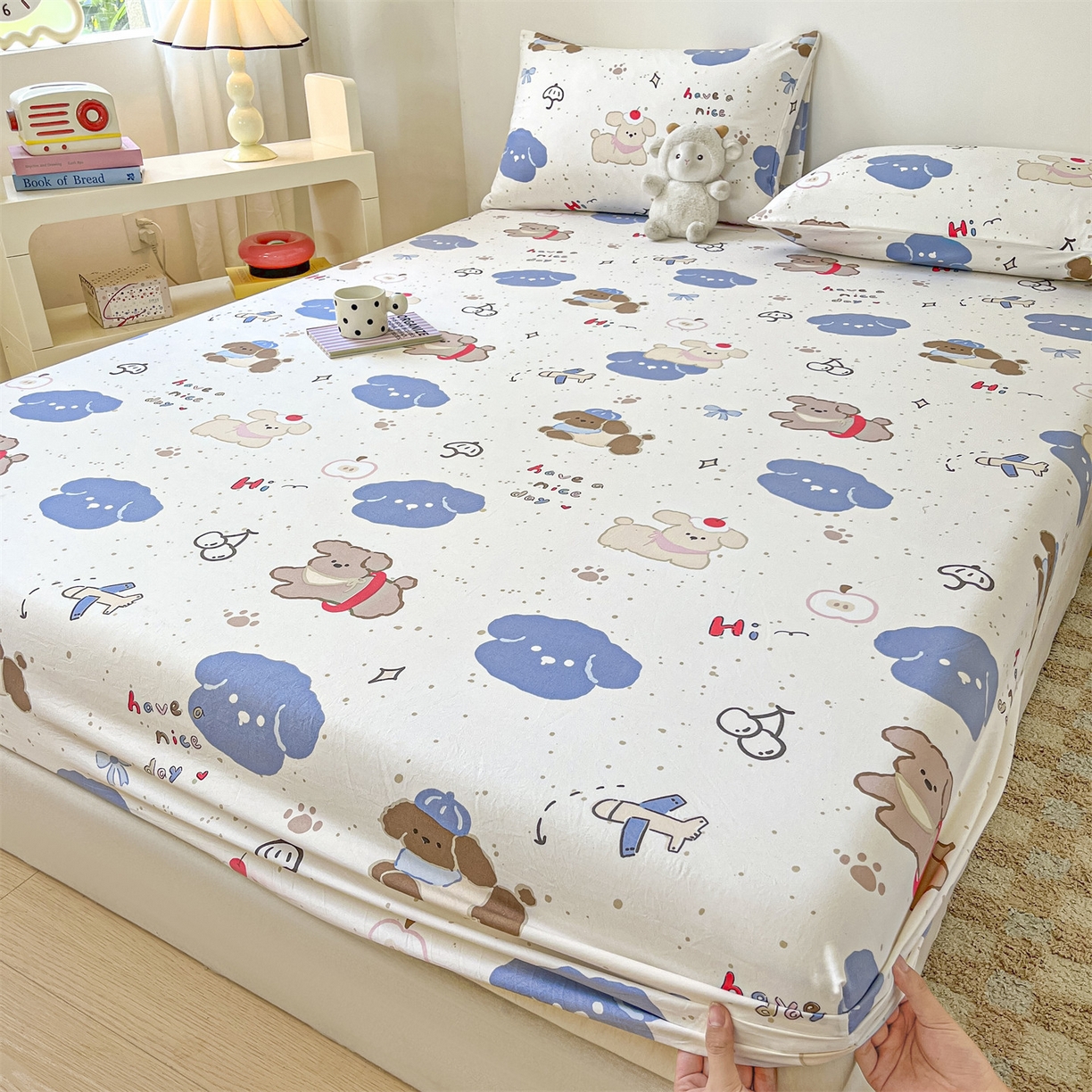 91家纺网 家纺一手货源 找家纺 盛秋家纺 2025新款A类水洗棉卡通印花床笠单品床笠单件单床笠 开心乐园