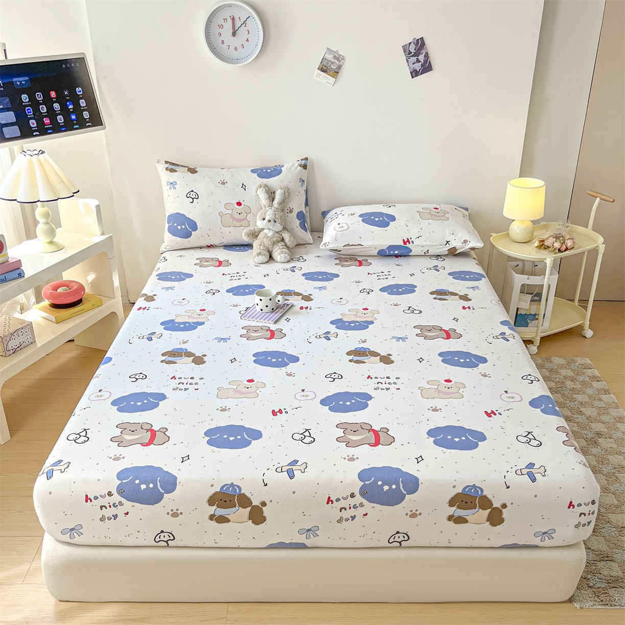 91家纺网 家纺一手货源 找家纺 盛秋家纺 2025新款A类水洗棉卡通印花床笠单品床笠单件单床笠 开心乐园