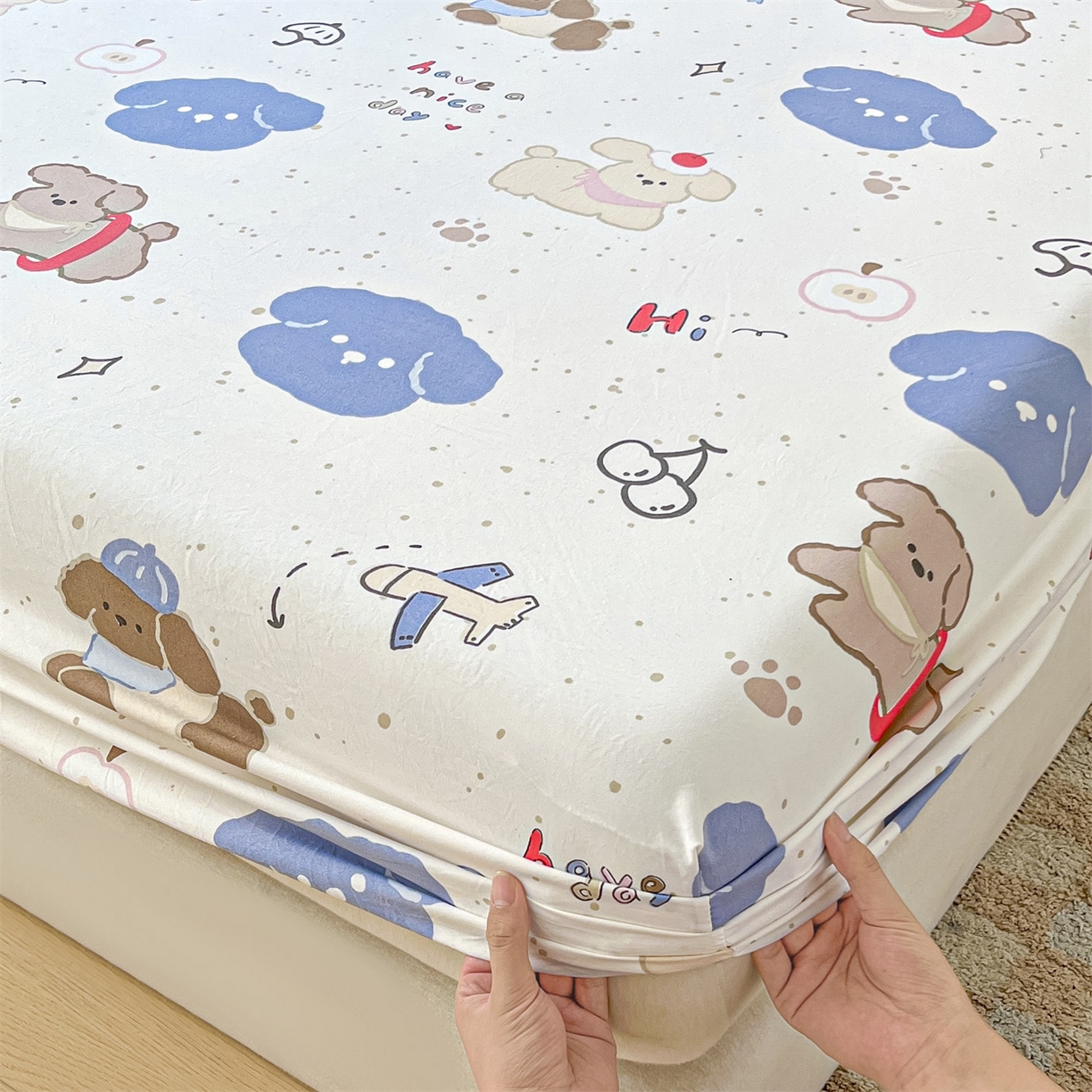 91家纺网 家纺一手货源 找家纺 盛秋家纺 2025新款A类水洗棉卡通印花床笠单品床笠单件单床笠 开心乐园