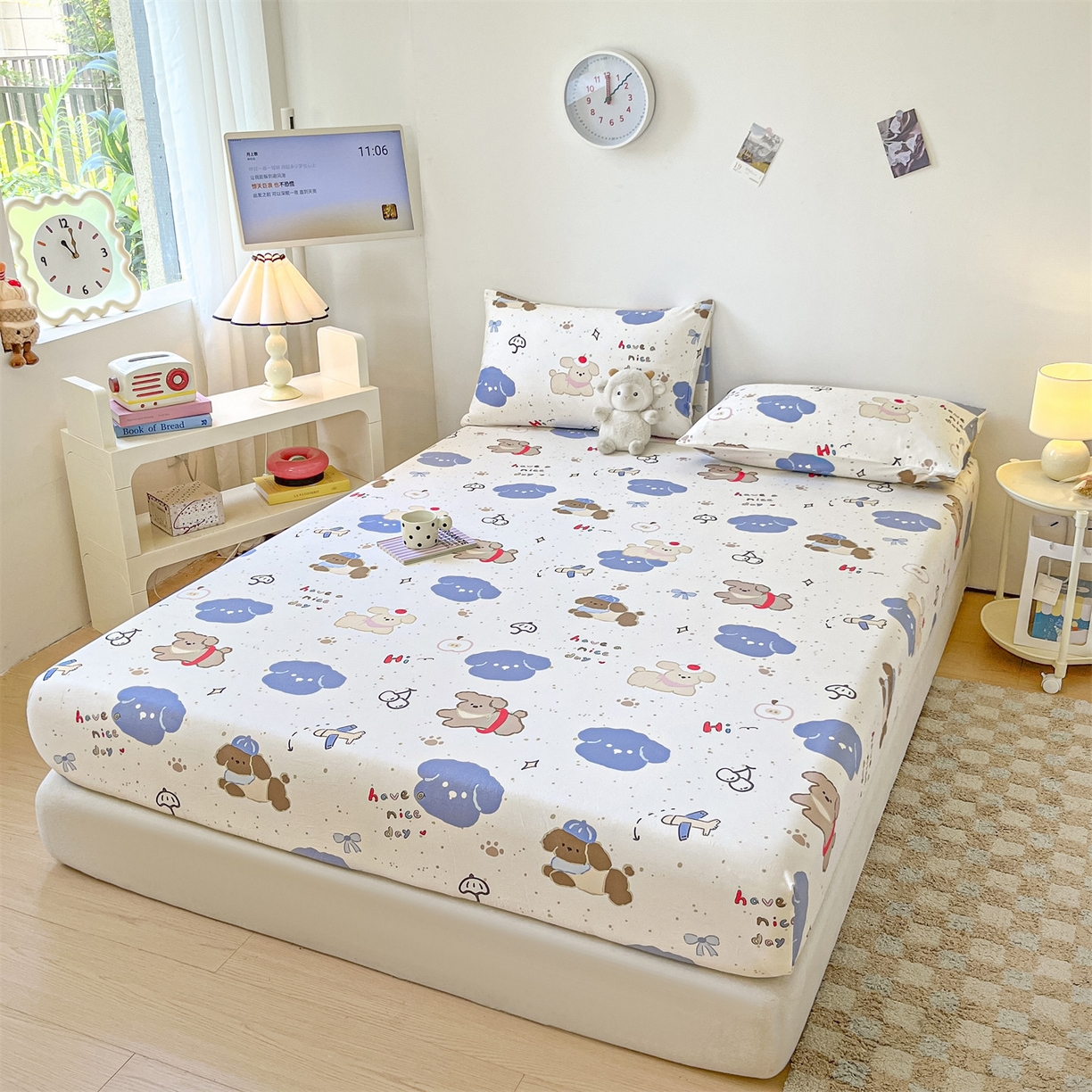 91家纺网 家纺一手货源 找家纺 盛秋家纺 2025新款A类水洗棉卡通印花床笠单品床笠单件单床笠 开心乐园