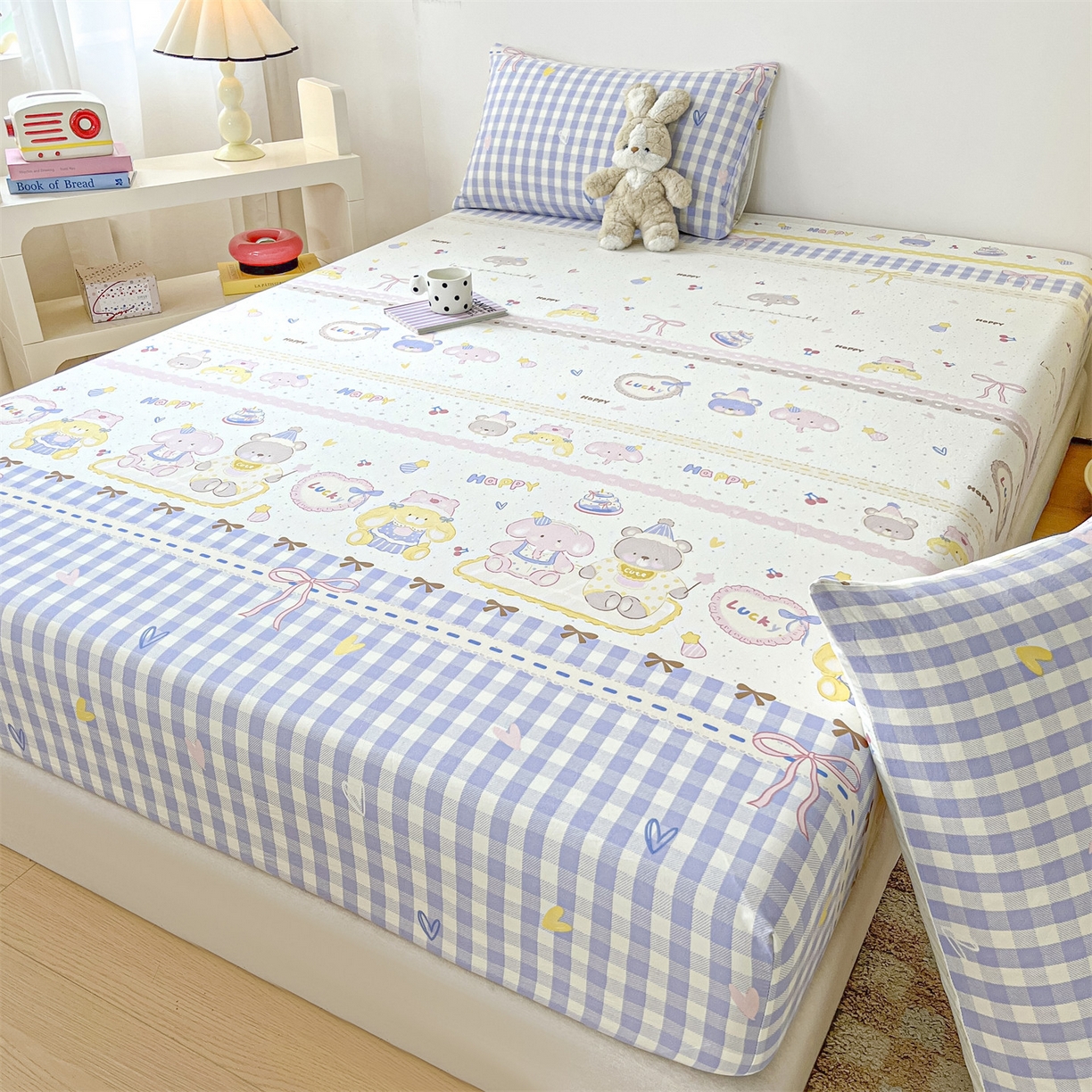 91家纺网 家纺一手货源 找家纺 盛秋家纺 2025新款A类水洗棉卡通印花床笠单品床笠单件单床笠 开心派对