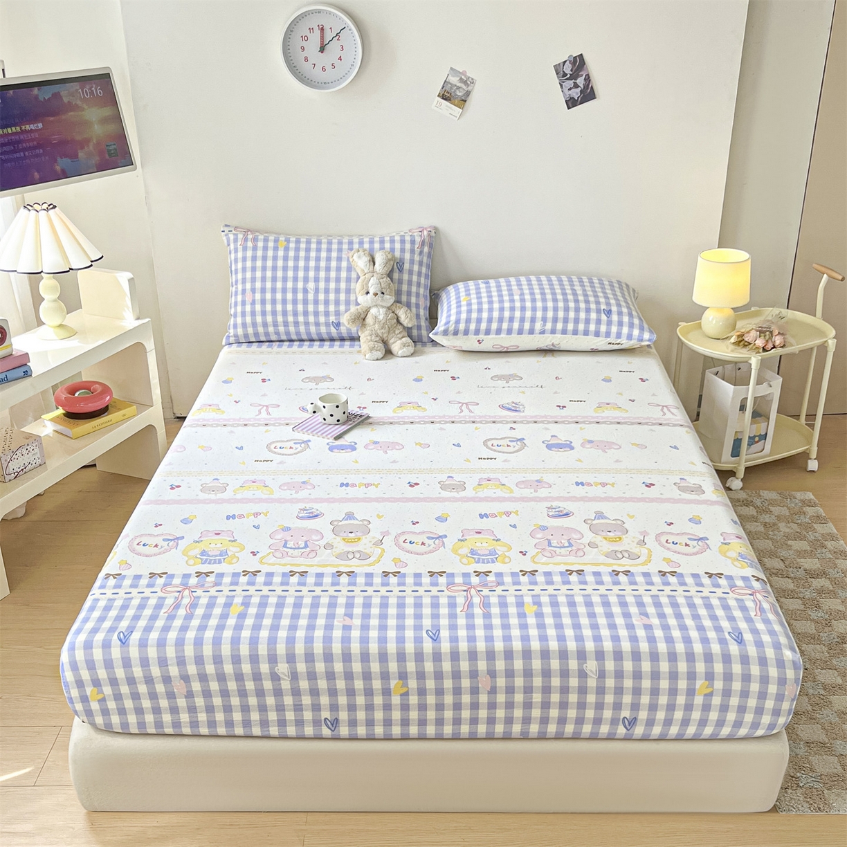 91家纺网 家纺一手货源 找家纺 盛秋家纺 2025新款A类水洗棉卡通印花床笠单品床笠单件单床笠 开心派对