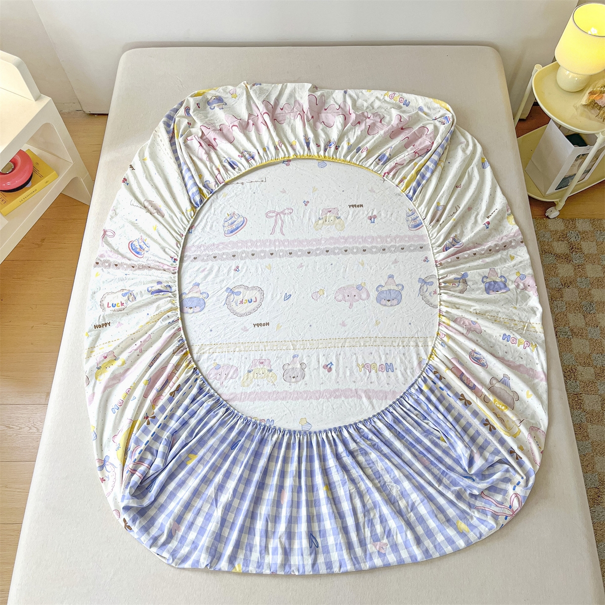 91家纺网 家纺一手货源 找家纺 盛秋家纺 2025新款A类水洗棉卡通印花床笠单品床笠单件单床笠 开心派对