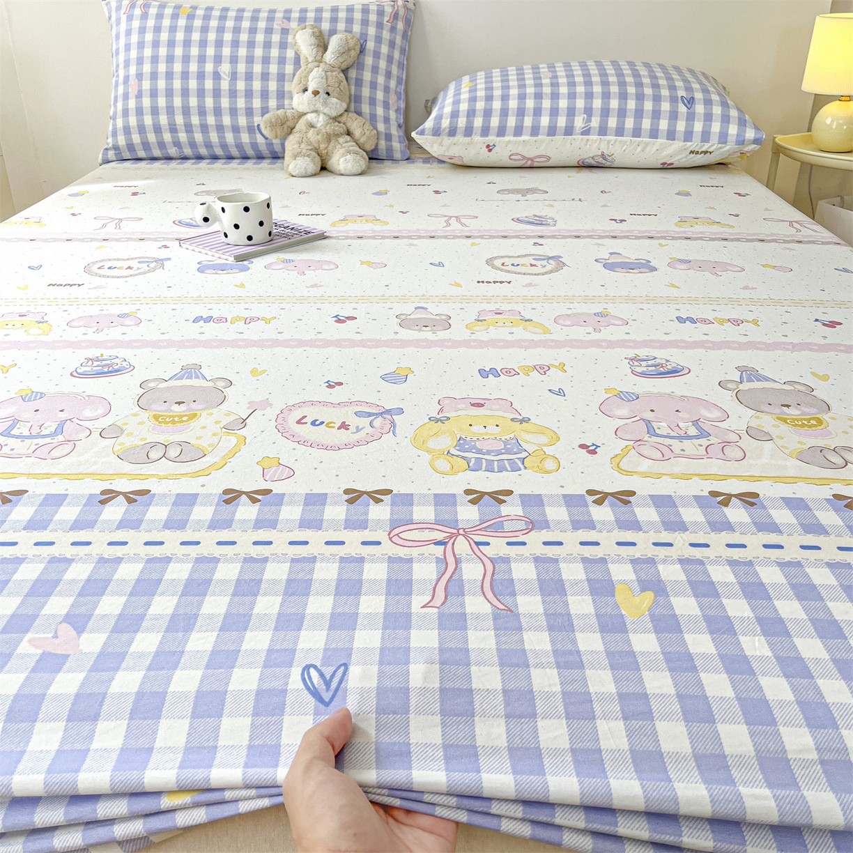 91家纺网 家纺一手货源 找家纺 盛秋家纺 2025新款A类水洗棉卡通印花床笠单品床笠单件单床笠 开心派对