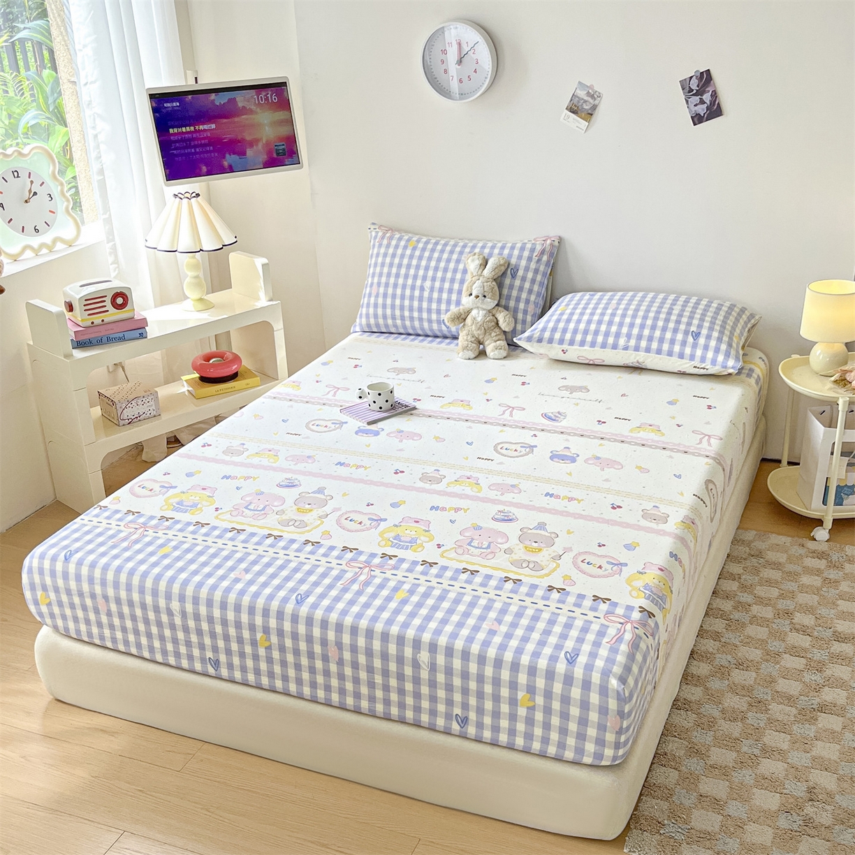 91家纺网 家纺一手货源 找家纺 盛秋家纺 2025新款A类水洗棉卡通印花床笠单品床笠单件单床笠 开心派对