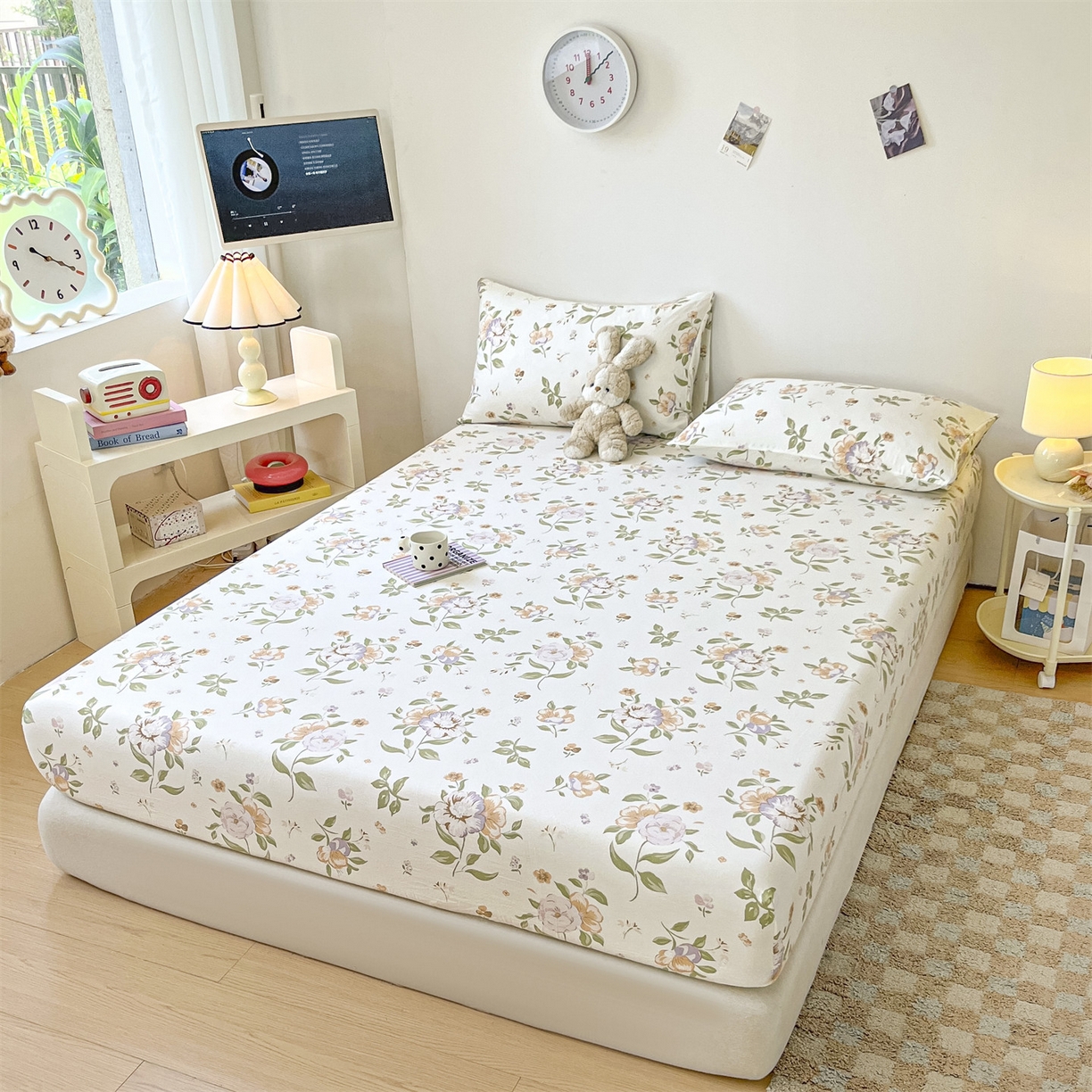 91家纺网 家纺一手货源 找家纺 盛秋家纺 2025新款A类水洗棉卡通印花床笠单品床笠单件单床笠 铃兰