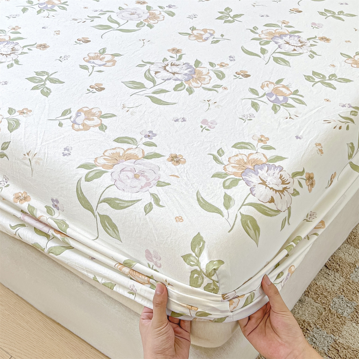 91家纺网 家纺一手货源 找家纺 盛秋家纺 2025新款A类水洗棉卡通印花床笠单品床笠单件单床笠 铃兰