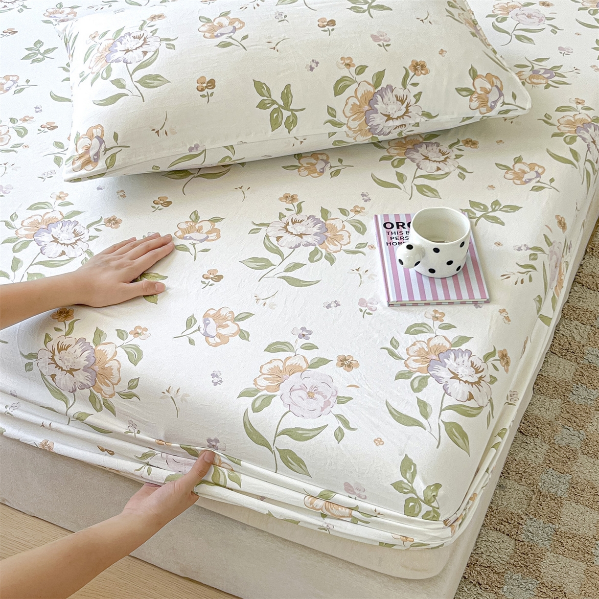 91家纺网 家纺一手货源 找家纺 盛秋家纺 2025新款A类水洗棉卡通印花床笠单品床笠单件单床笠 铃兰