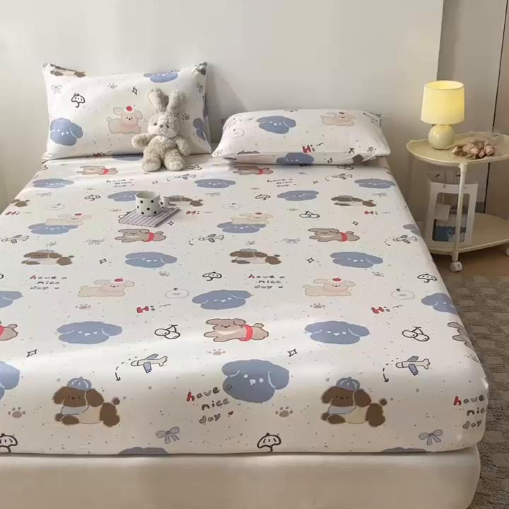 91家纺网 家纺一手货源 找家纺 盛秋家纺 2025新款A类水洗棉卡通印花床笠单品床笠单件单床笠 开心乐园
