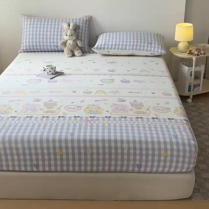 91家纺网 家纺一手货源 找家纺 盛秋家纺 2025新款A类水洗棉卡通印花床笠单品床笠单件单床笠 开心派对