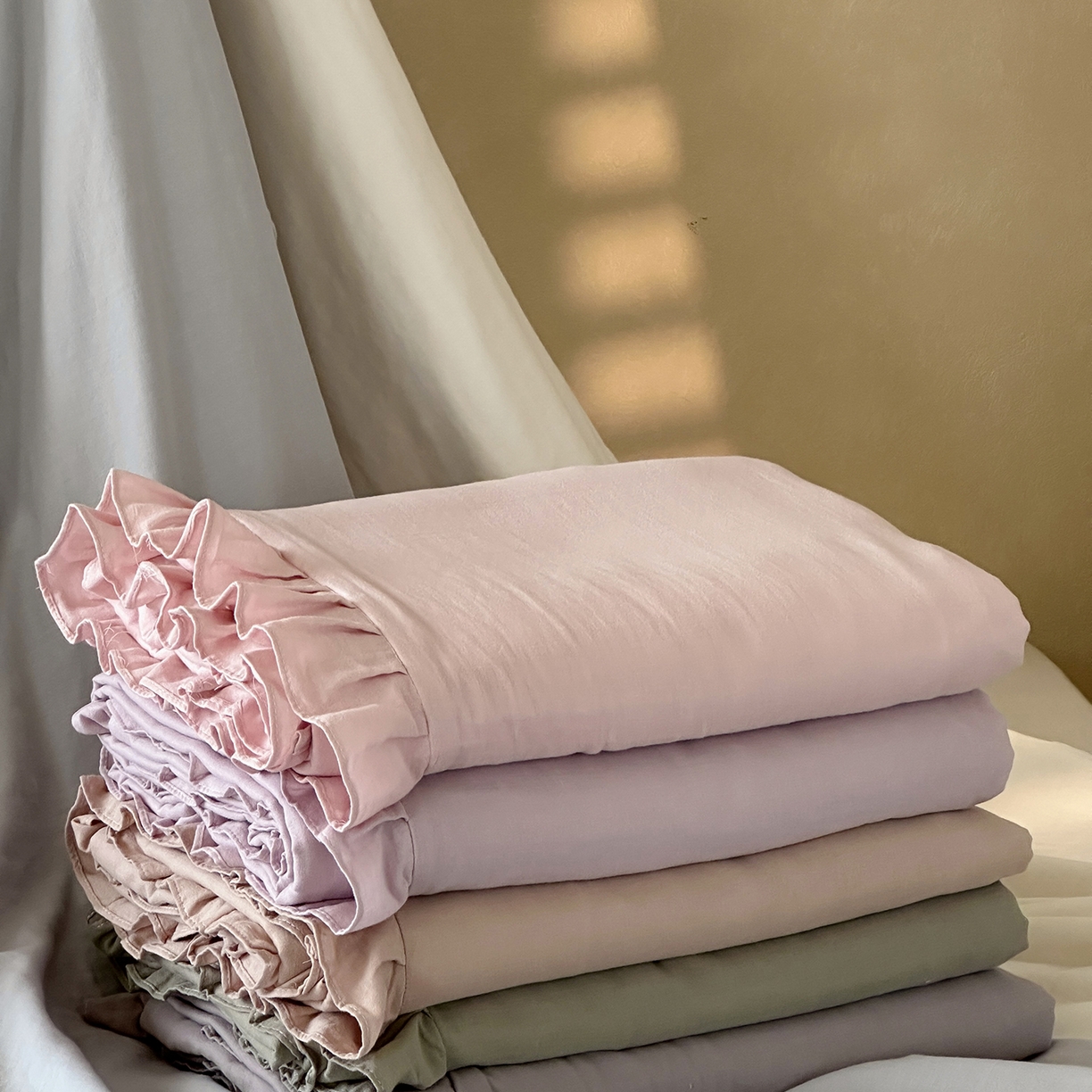 91家纺网 家纺一手货源 找家纺 三味舒屋 2025新款花边美学全棉双层纱单品单被套 组合图仅供展示