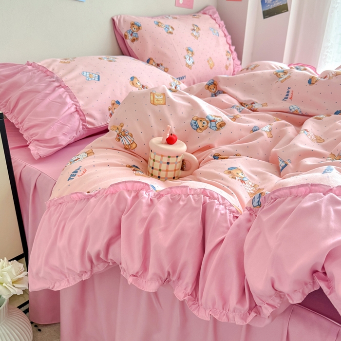 91家纺网 家纺一手货源 找家纺 优卡迪家纺馆 2025新款A类针织棉有氧双层纱花边款四件套 童趣