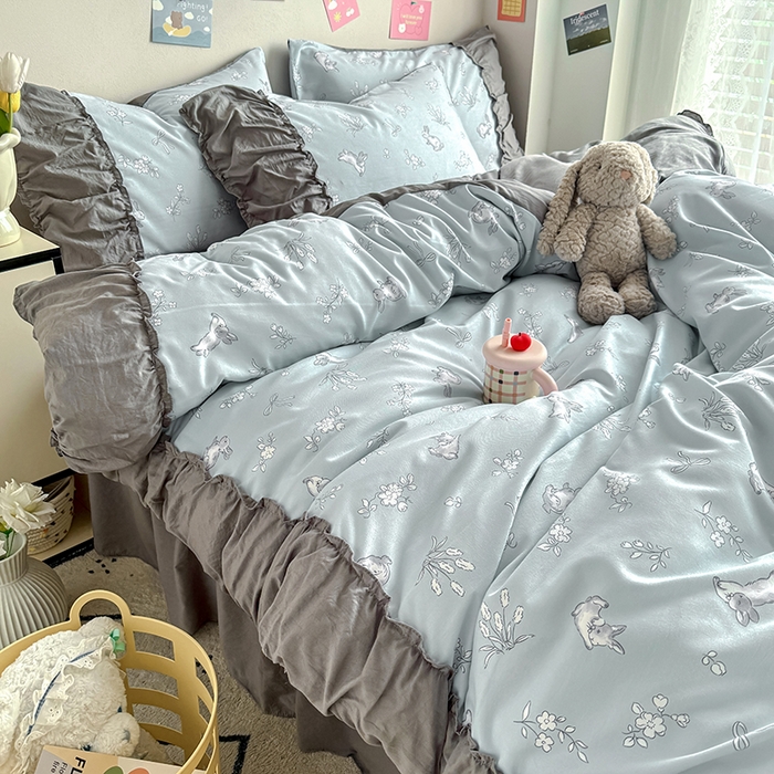 91家纺网 家纺一手货源 找家纺 优卡迪家纺馆 2025新款A类针织棉有氧双层纱花边款四件套 知秋