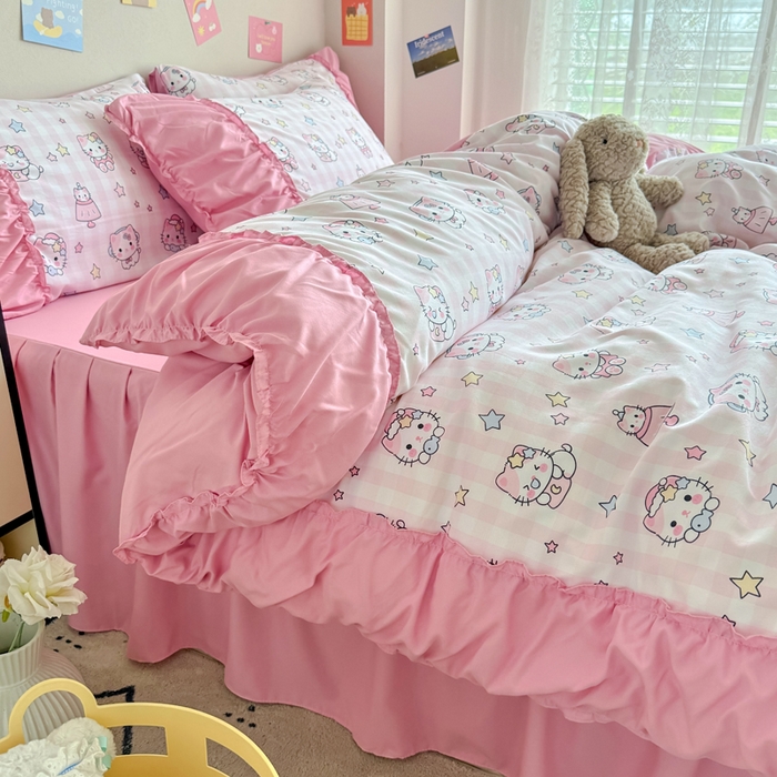 91家纺网 家纺一手货源 找家纺 优卡迪家纺馆 2025新款A类针织棉有氧双层纱花边款四件套 知音