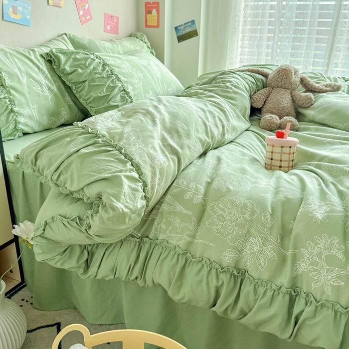 91家纺网 家纺一手货源 找家纺 优卡迪家纺馆 2025新款A类针织棉有氧双层纱花边款四件套 森恋