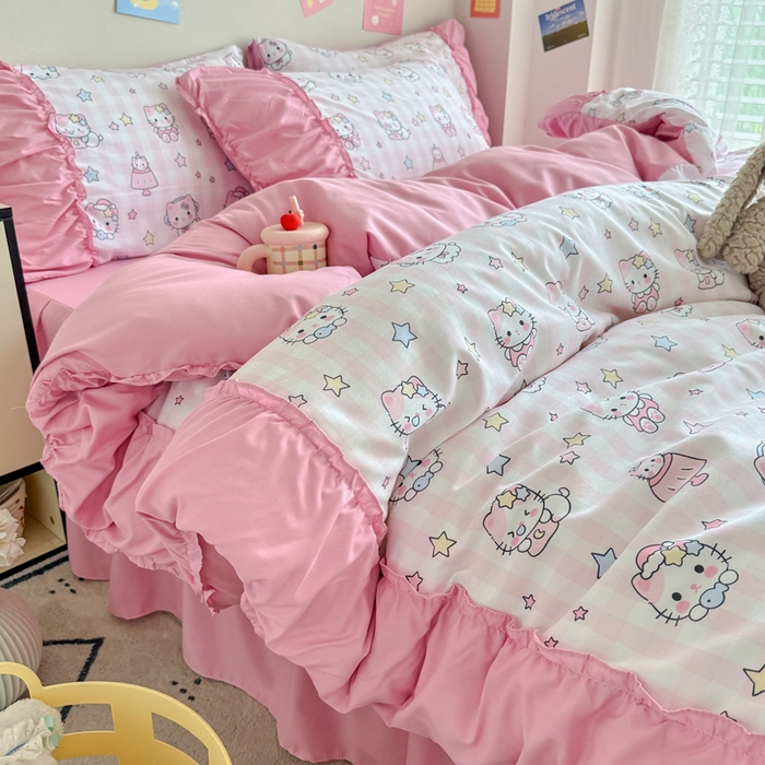 优卡迪家纺馆 2025新款A类针织棉有氧双层纱花边款四件套 知音