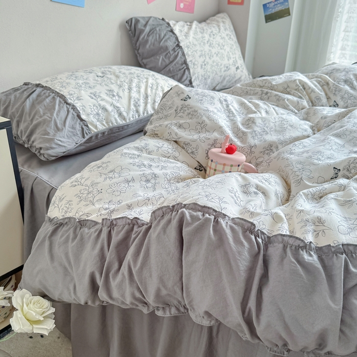 91家纺网 家纺一手货源 找家纺 优卡迪家纺馆 2025新款A类针织棉有氧双层纱花边款四件套 梦蝶