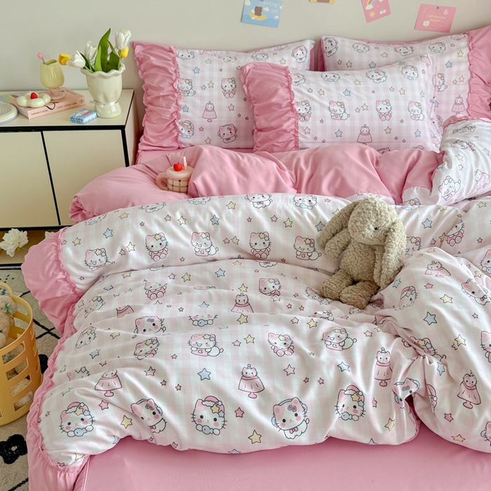 91家纺网 家纺一手货源 找家纺 优卡迪家纺馆 2025新款A类针织棉有氧双层纱花边款四件套 知音