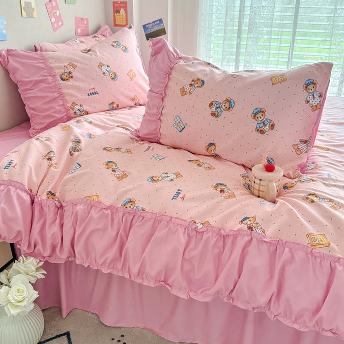 91家纺网 家纺一手货源 找家纺 优卡迪家纺馆 2025新款A类针织棉有氧双层纱花边款四件套 童趣