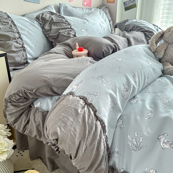 优卡迪家纺馆 2025新款A类针织棉有氧双层纱花边款四件套 知秋