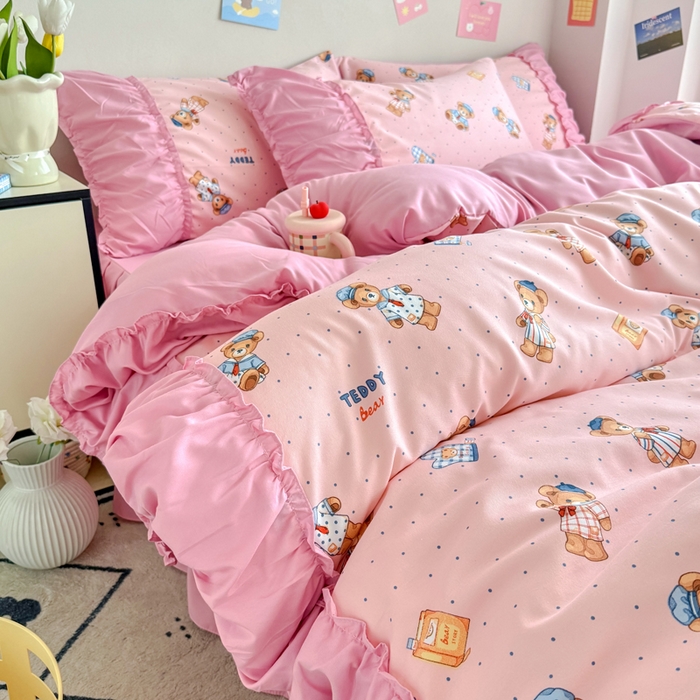 91家纺网 家纺一手货源 找家纺 优卡迪家纺馆 2025新款A类针织棉有氧双层纱花边款四件套 童趣