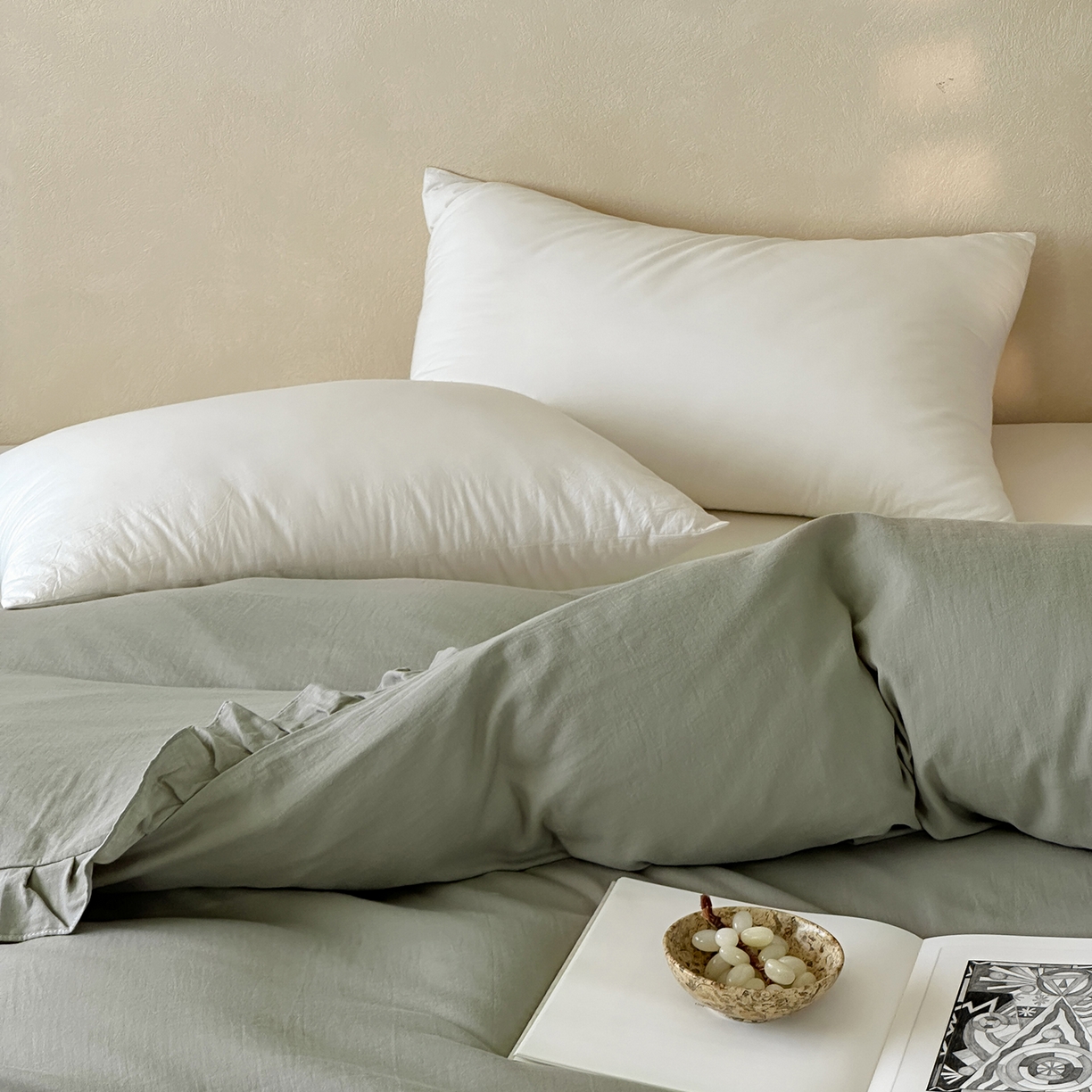 91家纺网 家纺一手货源 找家纺 三味舒屋 2025新款花边美学全棉双层纱单品单被套 烟波绿