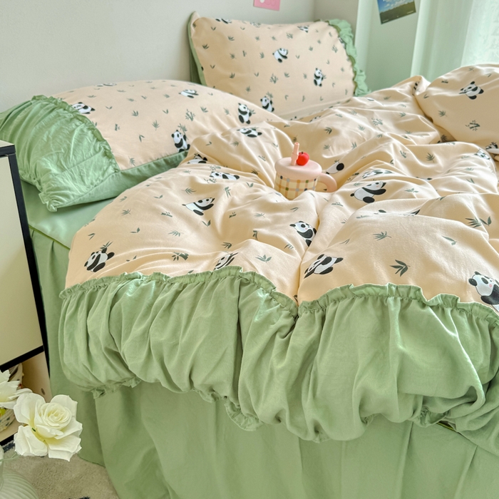 91家纺网 家纺一手货源 找家纺 优卡迪家纺馆 2025新款A类针织棉有氧双层纱花边款四件套 呢喃