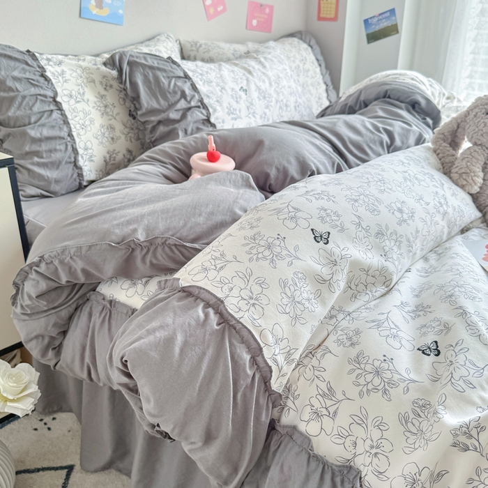 优卡迪家纺馆 2025新款A类针织棉有氧双层纱花边款四件套 梦蝶