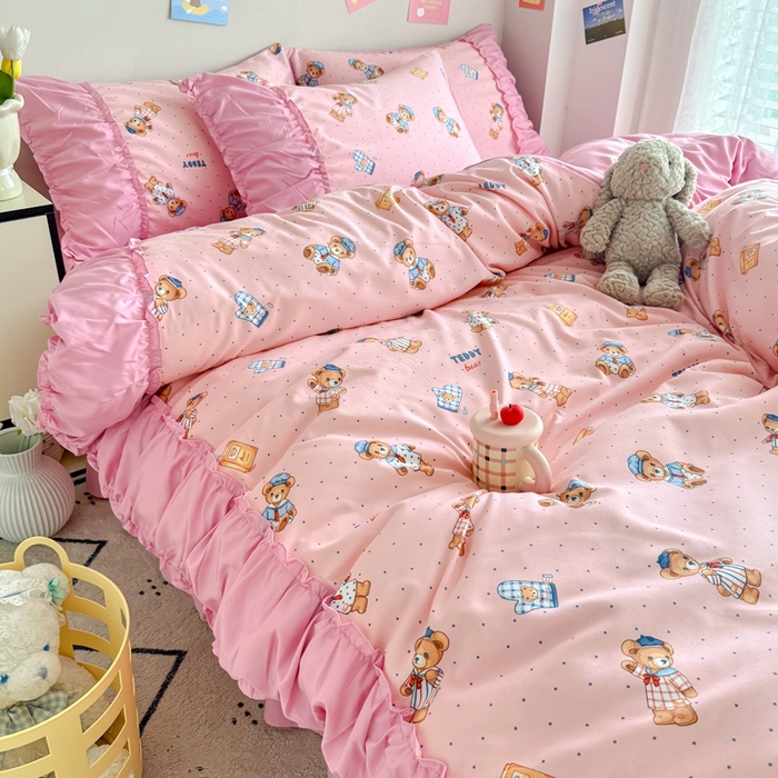 91家纺网 家纺一手货源 找家纺 优卡迪家纺馆 2025新款A类针织棉有氧双层纱花边款四件套 童趣