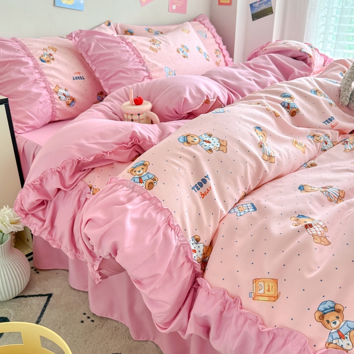 91家纺网 家纺一手货源 找家纺 （总）优卡迪家纺馆 2025新款A类针织棉有氧双层纱花边款四件套